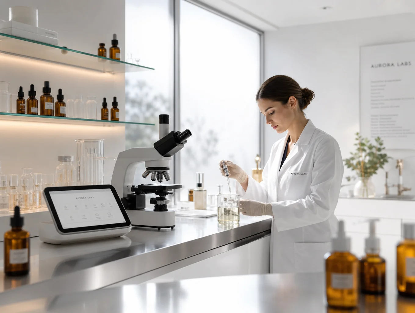 Chemist inspecting botanical serum in a clean laboratory setting